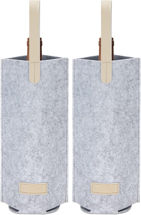 2 Pack - 1 Bottle Felt Wine Tote Carrier with Real Leather Handle, Portable Wine Tote Bag Single Bottle Wine Protector for Wedding, Birthday, BYOB Restaurant, Wine Tasting, Great Gift for Wine Lover