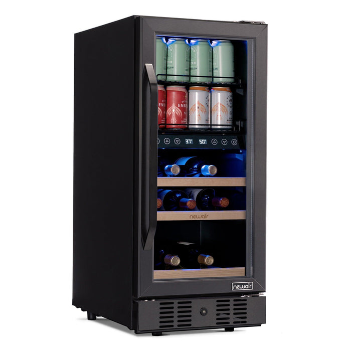 Newair 15 Inch Wine and Beverage Refrigerator Combo – 13 Bottles Compact & 48 Cans Capacity with Dual Zone Wine Cooler, Black Stainless Steel & Double-Layer Tempered Glass Door, Compact Wine Cellar Built-in Counter or Freestanding Fridge.