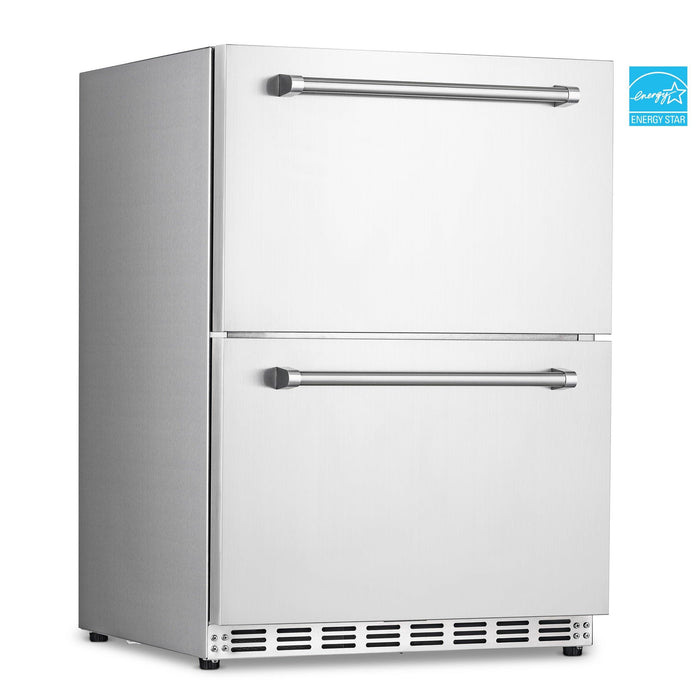 NewAir 24” 4.0 Cu. Ft. Dual Drawer Commercial Grade Wine and Beverage Fridge Stainless Steel Built-in Design, Weatherproof and Outdoor Rated, Fingerprint Resistant and Slow Closing Door, Wire Basket and 2 Drawer Organizers Included, and Anti-Tip Brackets.