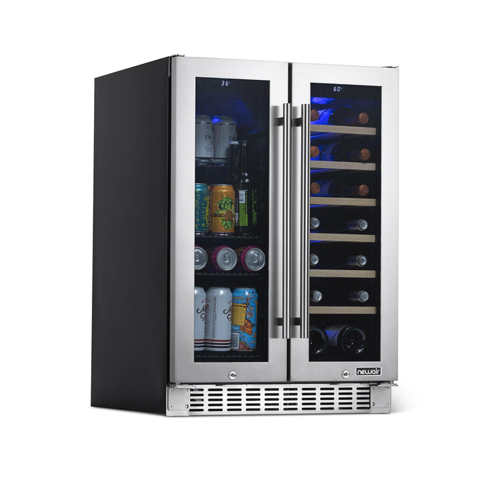 Newair 24” Premium Built-in Dual Zone 20 Bottle and 60 Can French Door Wine and Beverage Fridge in Stainless Steel with SplitShelf™ and Beech Wood Shelves