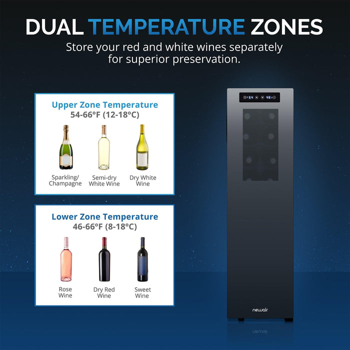 Newair® Shadow-Tᵀᴹ Series Wine Cooler Refrigerator 18 Bottle Dual Temperature Zones, Freestanding Mirrored Wine Fridge with Double-Layer Tempered Glass Door & Thermoelectric Cooling for Reds, Whites, and Sparkling Wine, 41f-64f Digital Temperature Control