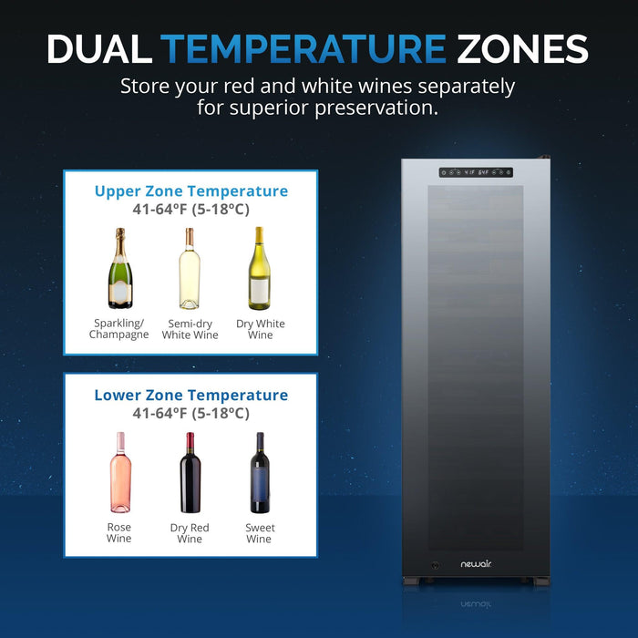 Newair® Shadowᵀᴹ Series Wine Cooler Refrigerator 56 Cans Dual Temperature Zones, Freestanding Mirrored Wine and Beverage Fridge with Double-Layer Tempered Glass Door & Compressor Cooling for Wine, Beer, Soda, 37f-64f Digital Temperature Control