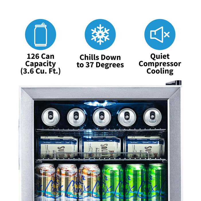 Newair 126 Can Freestanding Beverage Fridge in Stainless Steel with Adjustable Shelves