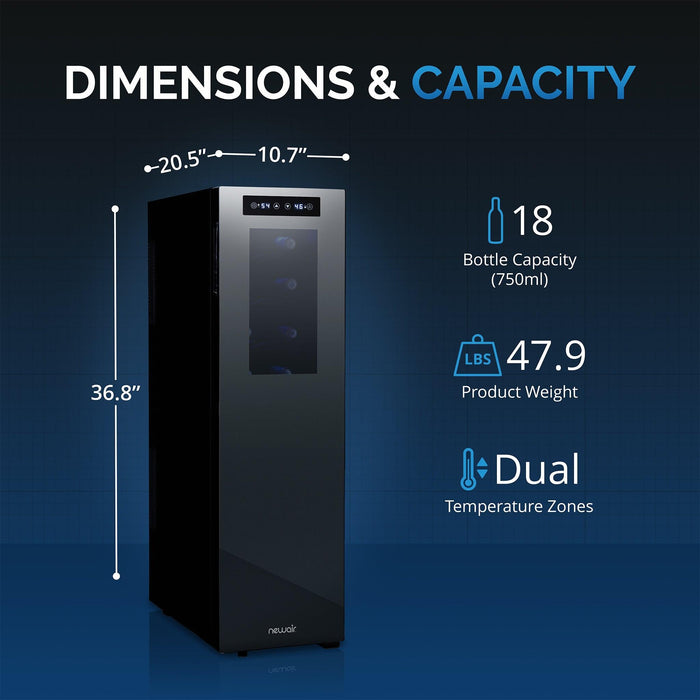 Newair® Shadow-Tᵀᴹ Series Wine Cooler Refrigerator 18 Bottle Dual Temperature Zones, Freestanding Mirrored Wine Fridge with Double-Layer Tempered Glass Door & Thermoelectric Cooling for Reds, Whites, and Sparkling Wine, 41f-64f Digital Temperature Control