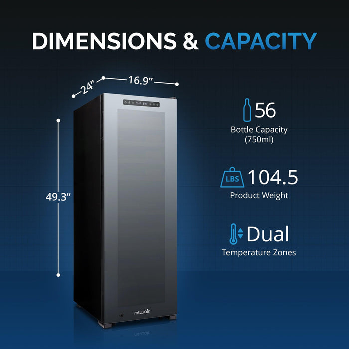 Newair® Shadowᵀᴹ Series Wine Cooler Refrigerator 56 Cans Dual Temperature Zones, Freestanding Mirrored Wine and Beverage Fridge with Double-Layer Tempered Glass Door & Compressor Cooling for Wine, Beer, Soda, 37f-64f Digital Temperature Control