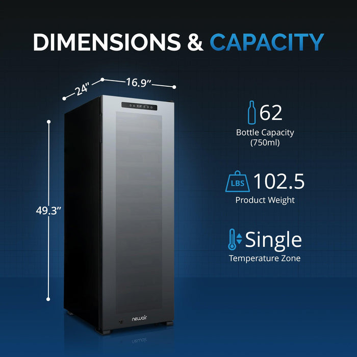 Newair Shadow Series Wine Cooler Refrigerator 62 Bottle, Freestanding Mirrored Wine Fridge with Double-Layer Tempered Glass Door & Compressor Cooling for Reds, Whites, and Sparkling Wine, 41f-64f Digital Temperature Control