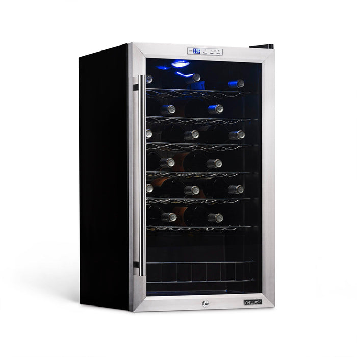 Newair Freestanding 33 Bottle Compressor Wine Fridge in Stainless Steel, Adjustable Chrome Racks.