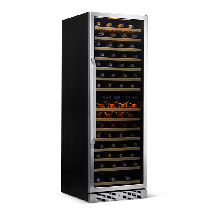 Newair 24 Inch Built-in 160 Bottle Dual Zone Compressor Wine Fridge in Stainless Steel, Quiet Operation with Smooth Rolling Shelves.