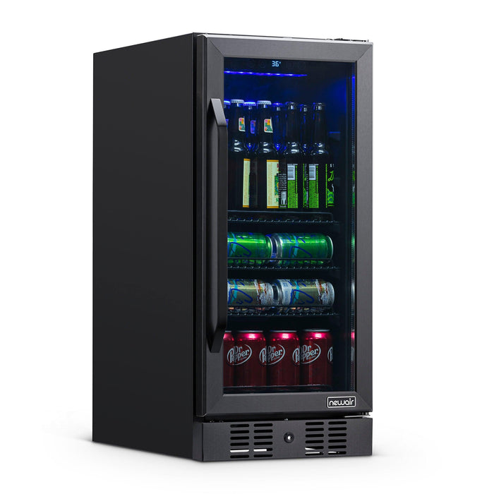 Newair 15” Built-in 96 Can Beverage Fridge in Black Stainless Steel