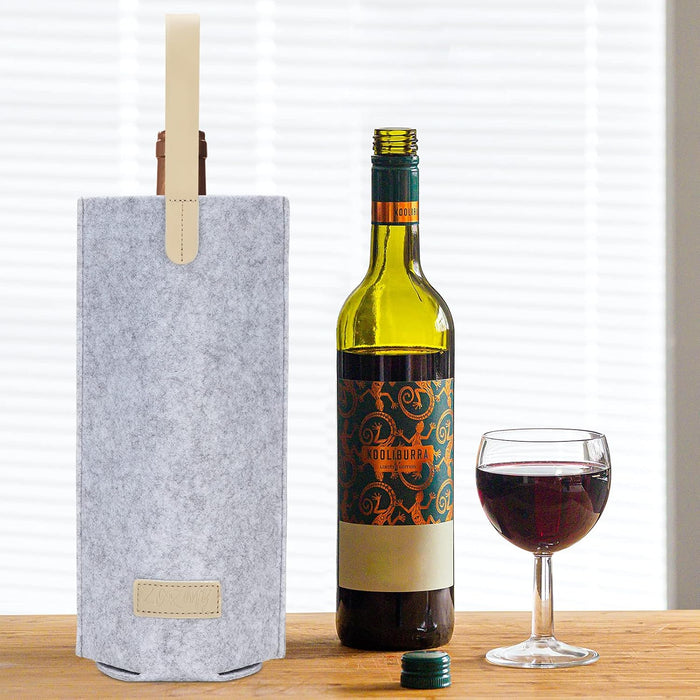 2 Pack - 1 Bottle Felt Wine Tote Carrier with Real Leather Handle, Portable Wine Tote Bag Single Bottle Wine Protector for Wedding, Birthday, BYOB Restaurant, Wine Tasting, Great Gift for Wine Lover