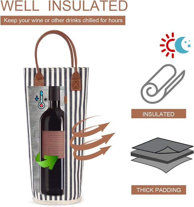 Single Bottle Insulated Wine Tote, 1 Bottle Wine Carrier Bag Padded Wine Cooler Perfect Wine Lover'S or Wedding Gift-Stripe (Blue Stripe)