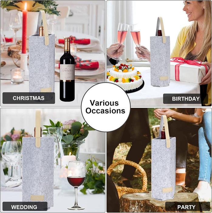 2 Pack - 1 Bottle Felt Wine Tote Carrier with Real Leather Handle, Portable Wine Tote Bag Single Bottle Wine Protector for Wedding, Birthday, BYOB Restaurant, Wine Tasting, Great Gift for Wine Lover