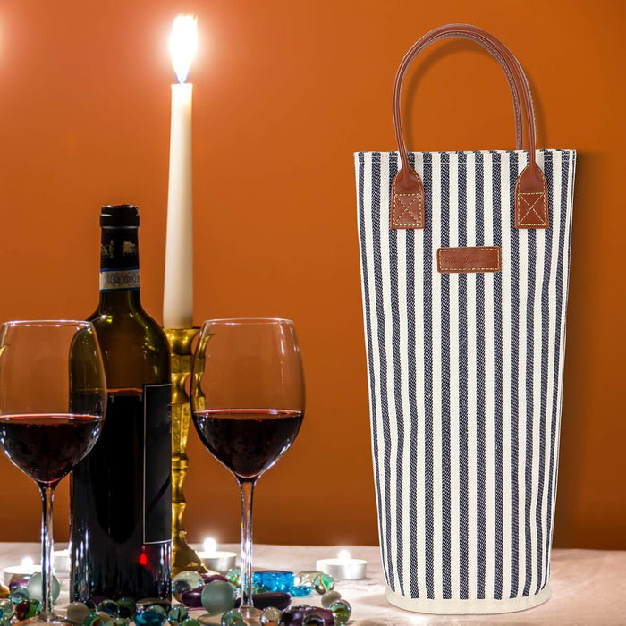 Single Bottle Insulated Wine Tote, 1 Bottle Wine Carrier Bag Padded Wine Cooler Perfect Wine Lover'S or Wedding Gift-Stripe (Blue Stripe)