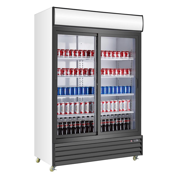 Double Sliding Door Display Beverage Cooler Refrigerator.