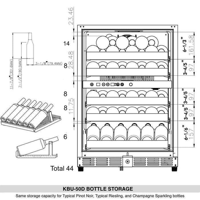 Kings Bottle - 44 Bottles 24" Under Counter Dual Zone Wine Cooler Fridge.