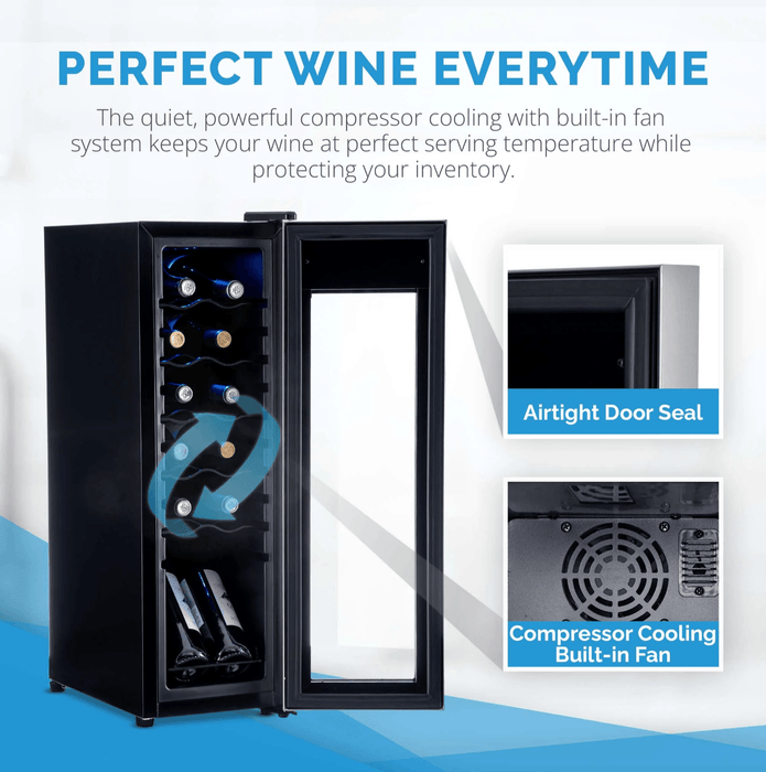 Newair 12 Bottle Compact Wine Cooler Refrigerator Freestanding Stainless Steel W/ Adjustable Racks