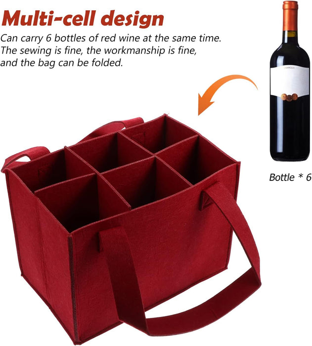 6 Bottle Wine Carrier with Divider Felt Wine Storage Tote Bag Portable Collapsible Wine Bag Red Wine Storage Box with Handle Travel Case for Party
