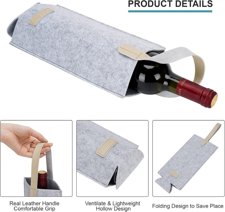 2 Pack - 1 Bottle Felt Wine Tote Carrier with Real Leather Handle, Portable Wine Tote Bag Single Bottle Wine Protector for Wedding, Birthday, BYOB Restaurant, Wine Tasting, Great Gift for Wine Lover